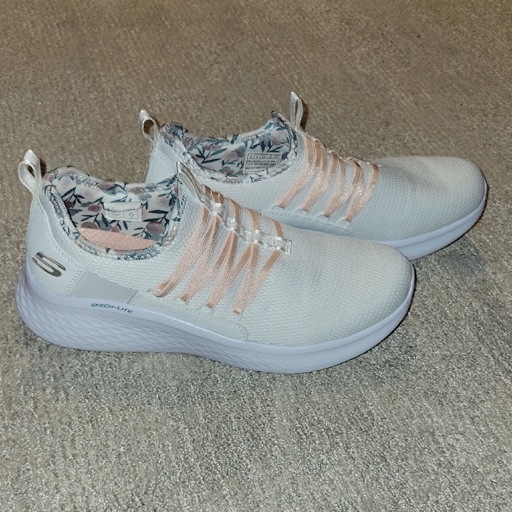 Skechers White Knit Slip-On Sneakers with Blush Accents